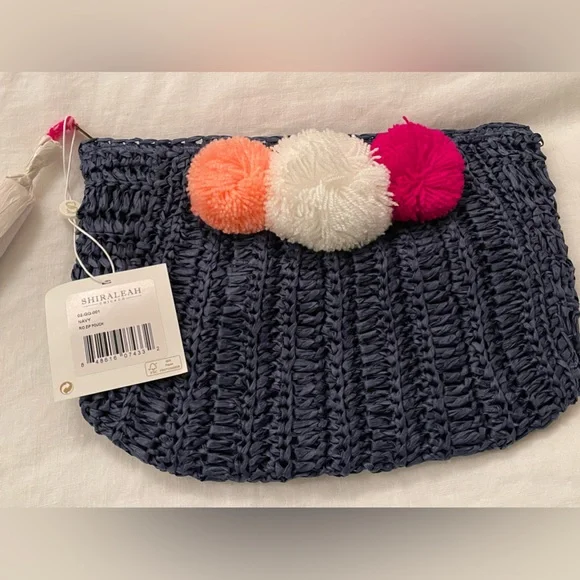 Shiraleah Navy Rio Zip Pouch Clutch Handbag w/ White Pink And Coral Pompoms NWT - Picture 2 of 6
